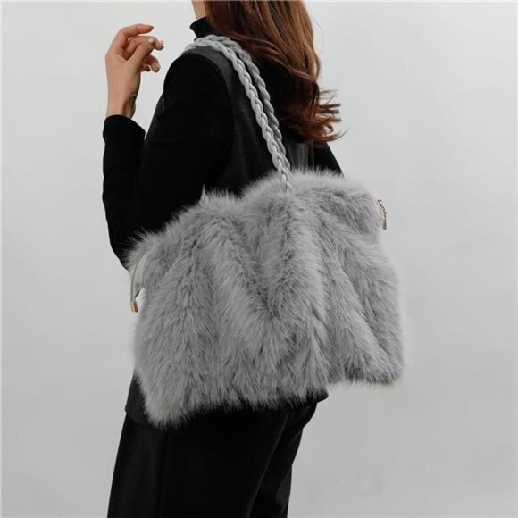 Furry Purse Winter Fluffy Bags Light Grey - Picture 3 of 4